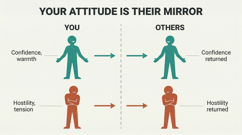 Two rows of mirrored silhouette pairs separated by a central mirror line, showing how positive and negative projected attitudes are reflected identically by others.