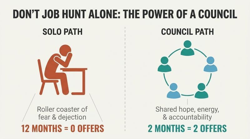Split-panel diagram contrasting an isolated, stressed solo job seeker (0 offers in 12 months) with a highly connected, supportive Job Search Council of five collaborative peers (2 offers in 2 months).
