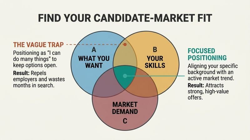 A three-circle Venn diagram depicting Candidate-Market Fit as the sweet spot intersection of what you want, your skills, and market demand, contrasting a vague presentation with focused positioning.