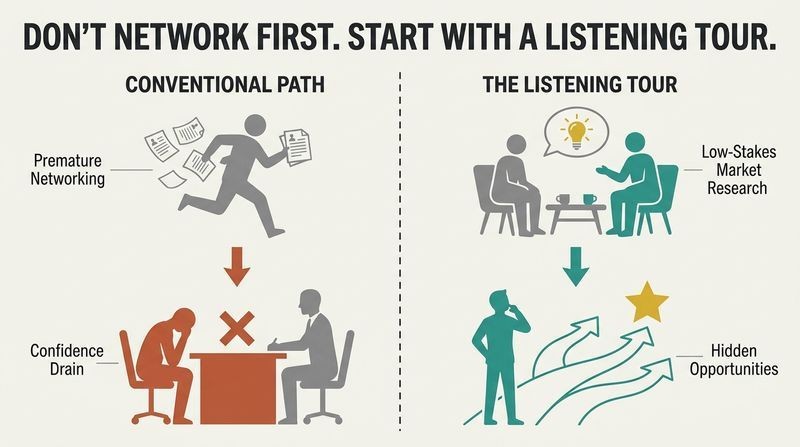 Split panel comparing the high-anxiety conventional job search to a curious, exploratory listening tour that unlocks unexpected opportunities.