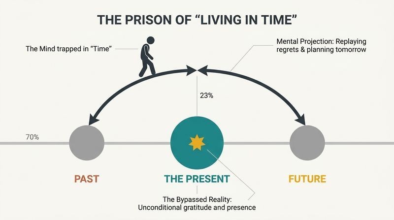A conceptual diagram showing how the mind leapfrogs the present, looping directly between past regrets and future anxieties on a high arch that bypasses the vibrant reality of the now.