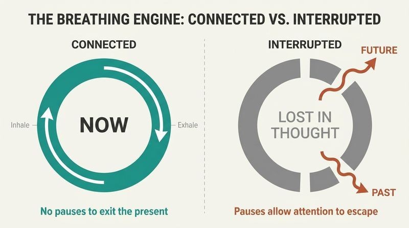 A comparative split panel showing how a continuous, loop-like connected breath anchors focus in the present, while inserting pauses between breaths allows attention to drift into thoughts of the past and future.