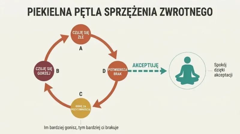 Circular loop showing how chasing positivity reinforces feeling of lack, with an exit arrow labeled "Accept" breaking free toward calm.