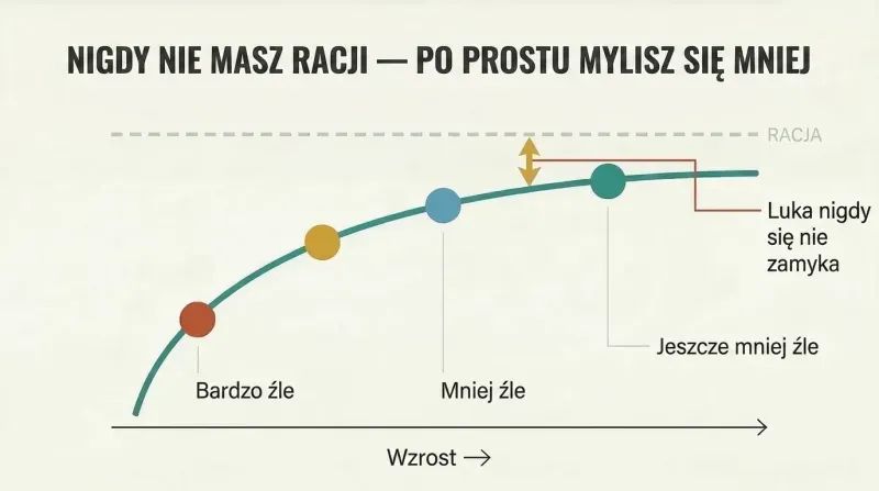 Rising curve approaching but never reaching a dashed "right" line, with markers showing progressive stages from very wrong to less wrong over time.