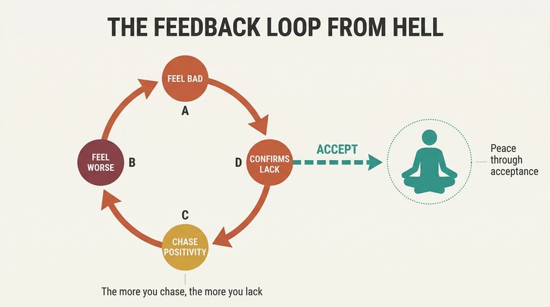 Circular loop showing how chasing positivity reinforces feeling of lack, with an exit arrow labeled "Accept" breaking free toward calm.
