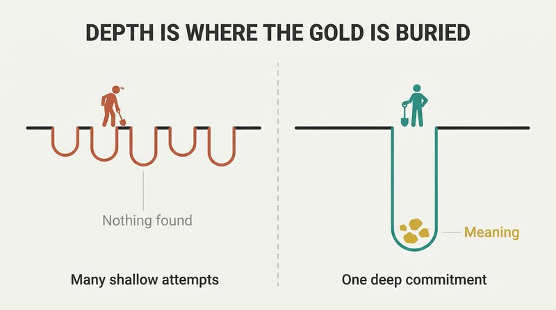 Split cross-section showing many shallow empty holes on the left versus one deep hole reaching gold nuggets on the right.