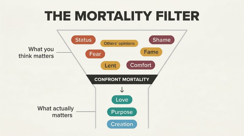 Funnel diagram showing many superficial concerns blocked by a mortality filter while only a few essential values pass through below.