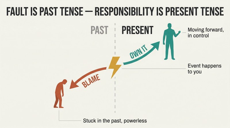 Fork diagram showing how an event splits into two paths: blaming curves downward into the past while taking responsibility rises upward into the future.
