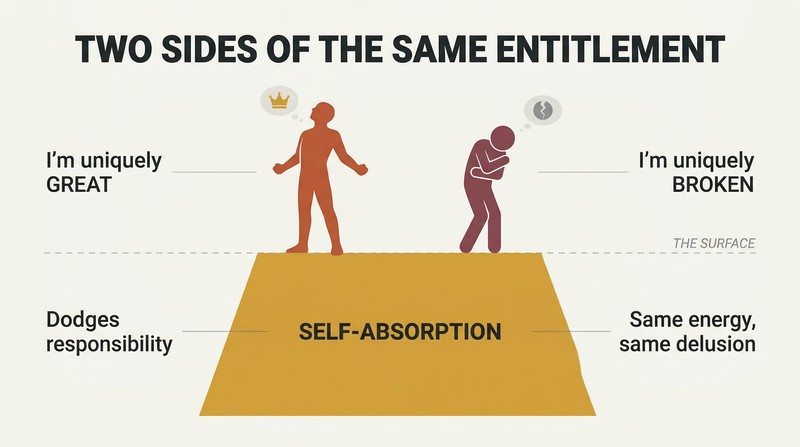 Split iceberg showing a superiority figure and an inferiority figure above a dividing line, merging into one shared mass labeled self-absorption below.