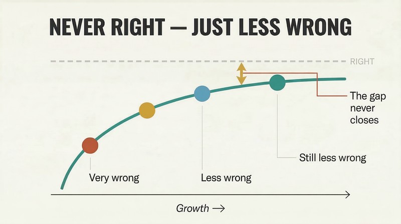 Rising curve approaching but never reaching a dashed "right" line, with markers showing progressive stages from very wrong to less wrong over time.