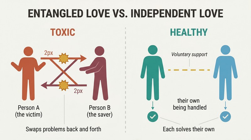 Split panel comparing a toxic relationship where two figures swap problems back and forth versus a healthy relationship where two figures handle their own problems while connected by voluntary support.