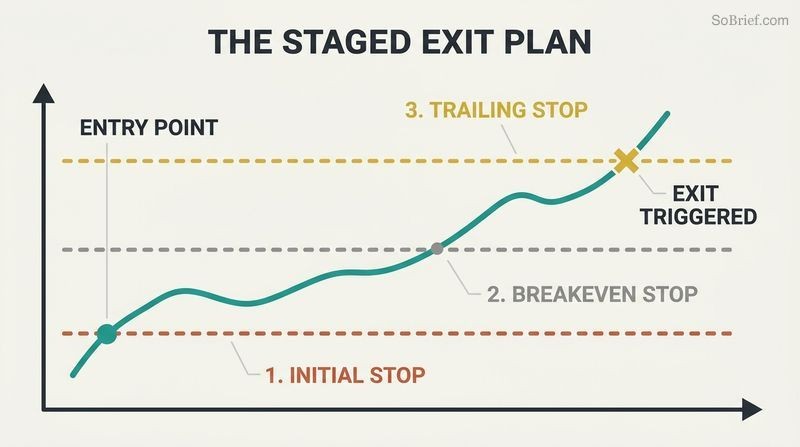 Process chart showing how a trader shifts defense thresholds—Initial Stop, Breakeven Stop, and Trailing Stop—as a stock price advances.