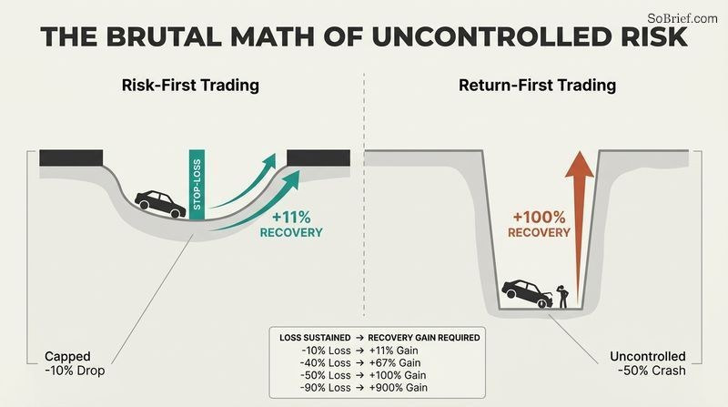 Split diagram comparing a shallow 10 percent loss requiring a simple 11 percent recovery gain, against a deep 50 percent loss requiring an overwhelming 100 percent gain to break even.