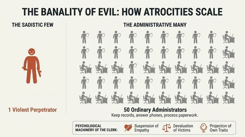Split diagram showing one red violent silhouette contrasted against an orderly grid of fifty gray clerk silhouettes holding clipboards, highlighting the ratio of administrators to executioners.