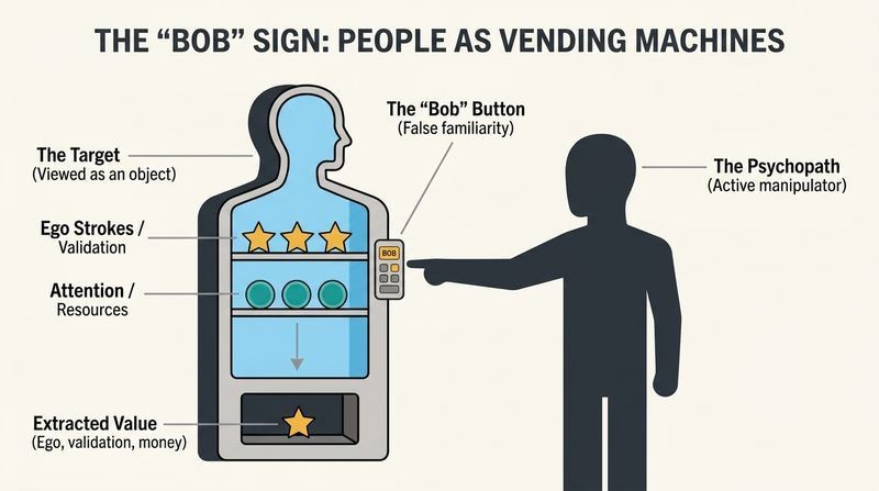 Minimalist diagram depicting a human-shaped vending machine being operated by a dark silhouette, demonstrating how psychopaths treat people as transactional objects.