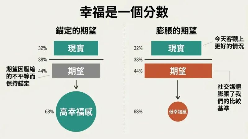 Split panel diagram illustrating the fraction of happiness, comparing low anchored expectations to inflated modern expectations.