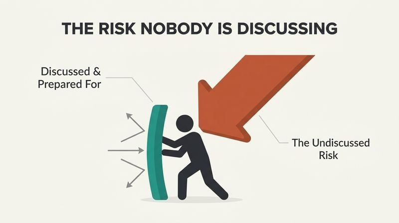 A minimalist diagram showing a figure holding a shield to block small predicted risks, while a giant terracotta weight representing the unexpected, undiscussed risk falls on their exposed back.