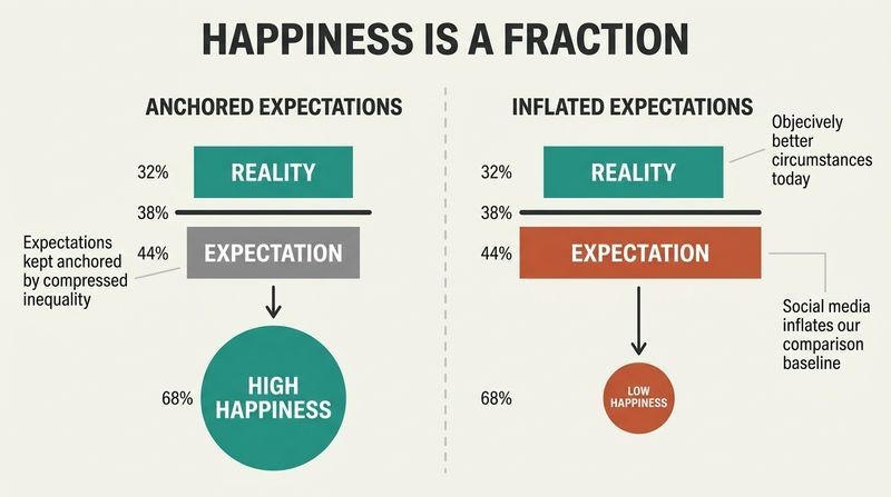 Split panel diagram illustrating the fraction of happiness, comparing low anchored expectations to inflated modern expectations.