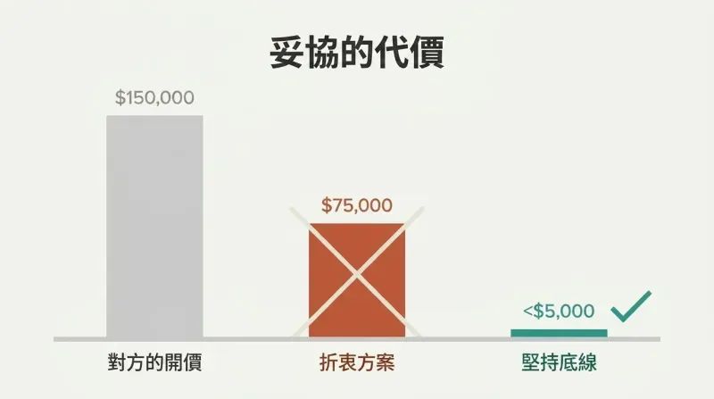 Proportional bars contrasting a $150K demand, $75K compromise, and sub-$5K result from patient negotiation.