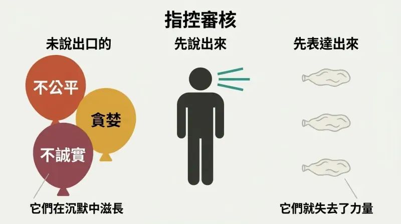 Large accusation-labeled balloons on the left deflate into tiny flat shapes on the right after a central figure voices them first, illustrating preemptive disarmament.