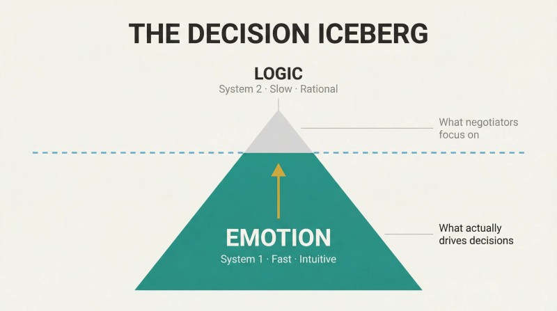 Small logic tip above a waterline dwarfed by a massive emotion base below, revealing what truly steers negotiation decisions.