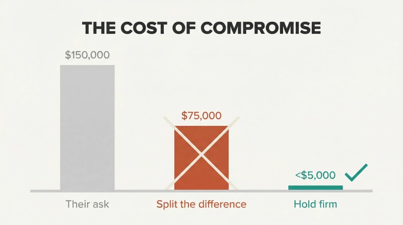 Proportional bars contrasting a $150K demand, $75K compromise, and sub-$5K result from patient negotiation.