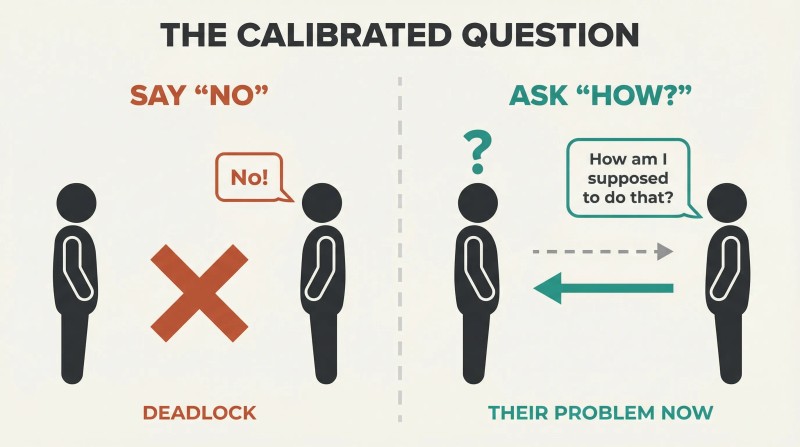 Split panel comparing saying "No" (which creates deadlock between two figures) with asking "How?" (which redirects the problem back to the other side).
