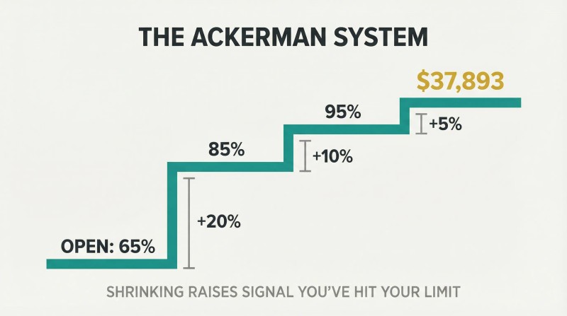 Four-step ascending staircase with shrinking vertical rises labeled +20%, +10%, +5%, closing at the precise gold figure $37,893.