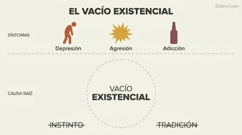 Iceberg-style diagram with depression, aggression, and addiction as small visible symptoms above a waterline, and a large empty void as the hidden root cause below.