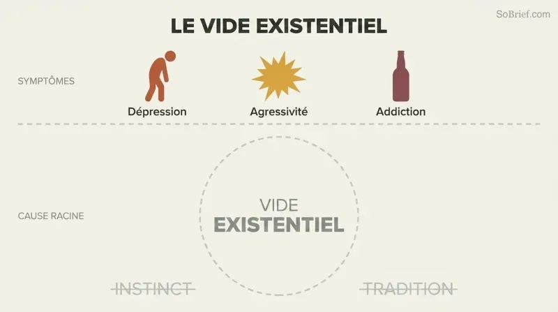 Iceberg-style diagram with depression, aggression, and addiction as small visible symptoms above a waterline, and a large empty void as the hidden root cause below.