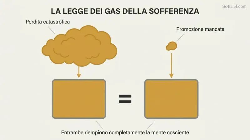 Two vastly different-sized amber gas clouds each flowing down into identical chambers that are both completely filled, showing how suffering of any magnitude floods the entire conscious mind.