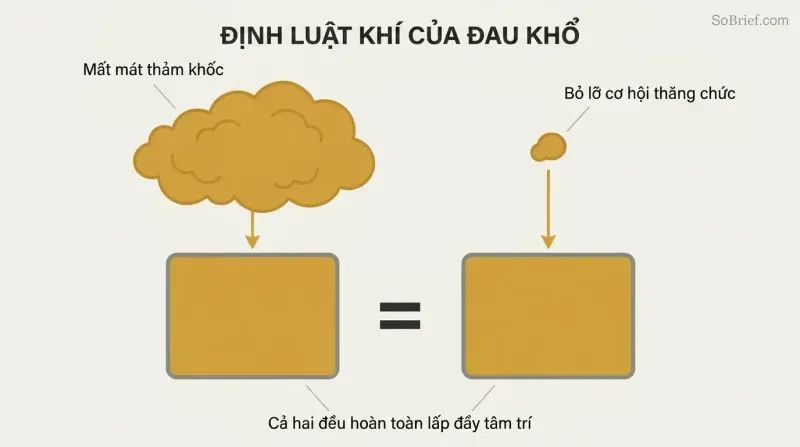 Two vastly different-sized amber gas clouds each flowing down into identical chambers that are both completely filled, showing how suffering of any magnitude floods the entire conscious mind.