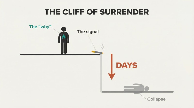 Figure with an inner flame on high ground drops off a cliff edge to collapse below, showing surrender's rapid speed.