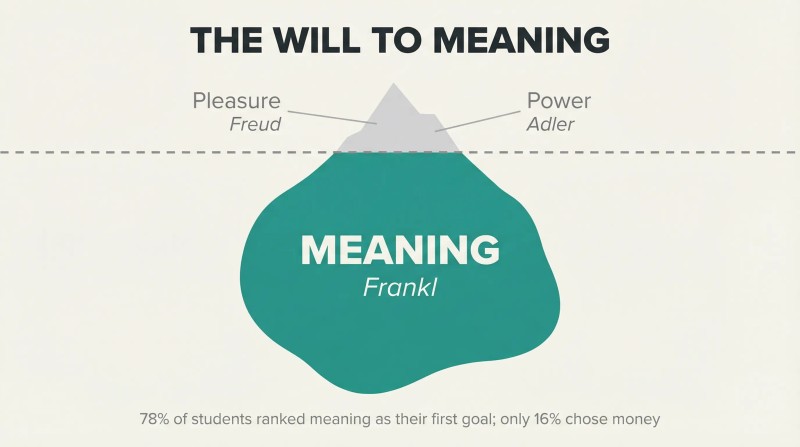 Iceberg with a small gray tip labeled Pleasure and Power above a dashed waterline, and a vastly larger teal mass labeled Meaning below, revealing meaning as the deepest human motivation.