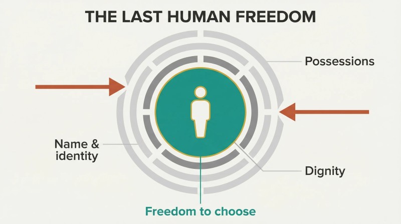 Concentric broken rings representing possessions, identity, and dignity surround an intact solid teal core representing the irreducible freedom to choose one's response.
