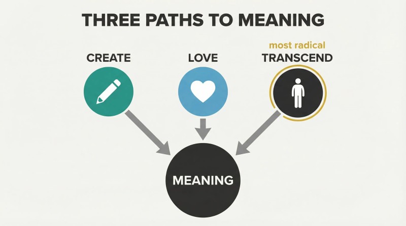 Three circles labeled Create, Love, and Transcend send converging arrows downward into a single larger circle labeled Meaning, with Transcend distinguished by a gold ring.