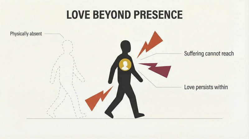 Walking figure surrounded by hostile angular shapes while a golden glow in their chest reveals the beloved's enduring inner presence.