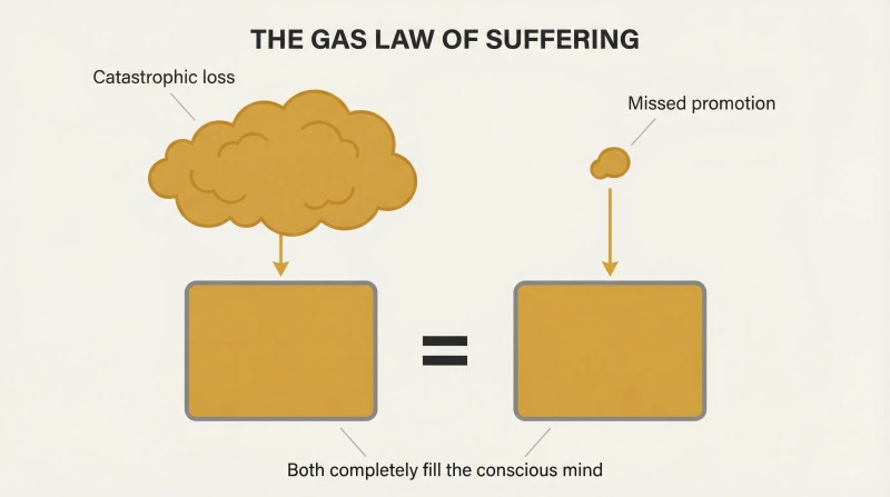Two vastly different-sized amber gas clouds each flowing down into identical chambers that are both completely filled, showing how suffering of any magnitude floods the entire conscious mind.