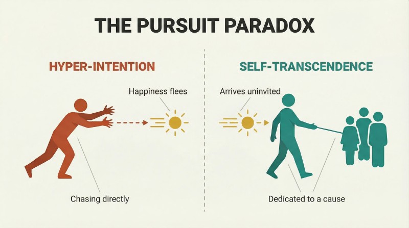 Split panel contrasting a figure chasing happiness that flees versus a figure focused on a cause while happiness approaches uninvited from behind.