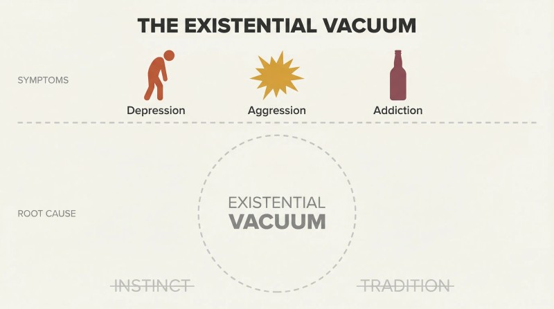 Iceberg-style diagram with depression, aggression, and addiction as small visible symptoms above a waterline, and a large empty void as the hidden root cause below.