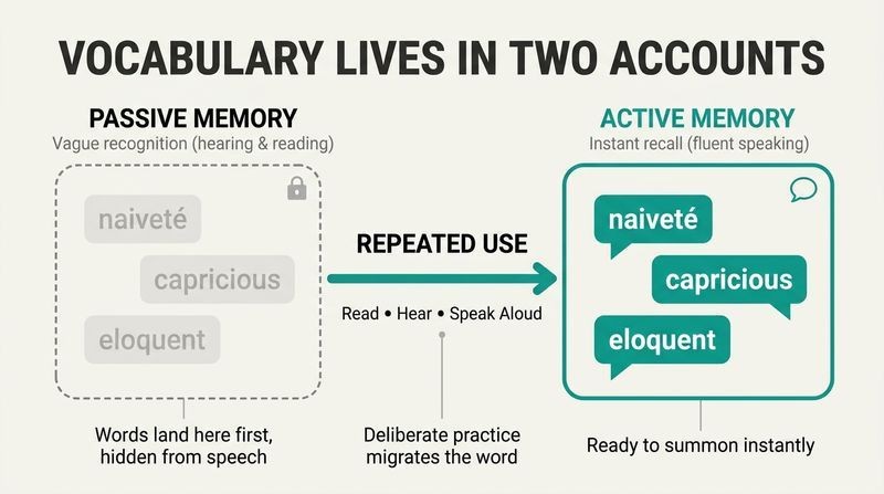 Transition diagram showing words migrating from a faded Passive Memory account on the left to a bright Active Memory account on the right via repeated use.