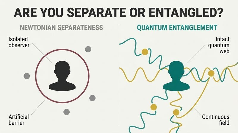 A split-panel diagram comparing Newtonian separateness, showing an isolated human profile trapped behind a barrier in empty space, with quantum entanglement, showing a human profile woven directly into an interconnected golden and teal web of matter.