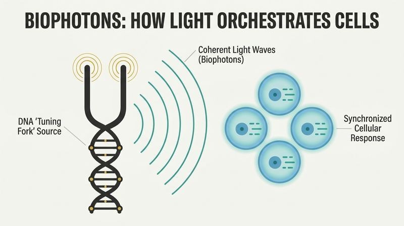 A schematic vector diagram showing a DNA double helix morphing into a tuning fork that emits rhythmic light waves, instantly organizing and synchronizing surrounding cells.