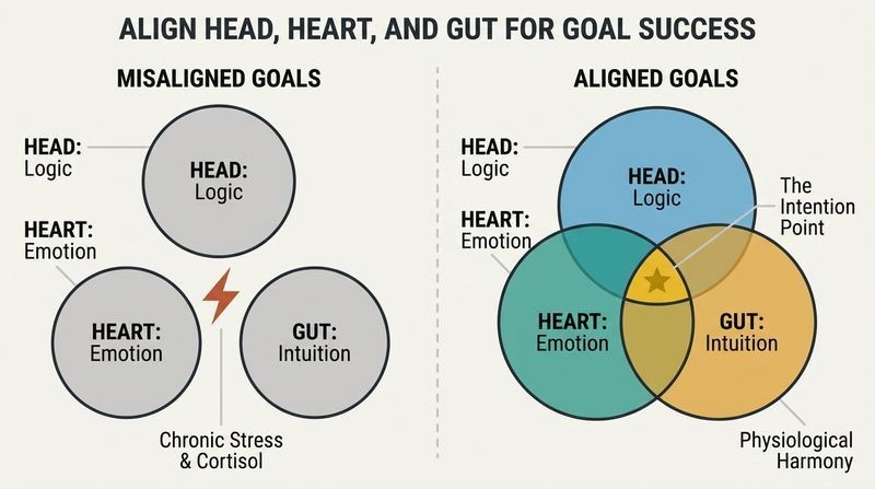 Split panel diagram comparing three disconnected goal systems causing chronic stress on the left with three aligned, intersecting systems creating the intention point on the right.
