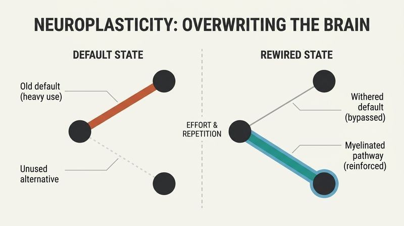 A side-by-side split panel diagram showing how persistent effort and repetition overwrite old neural default pathways with newly myelinated habits.
