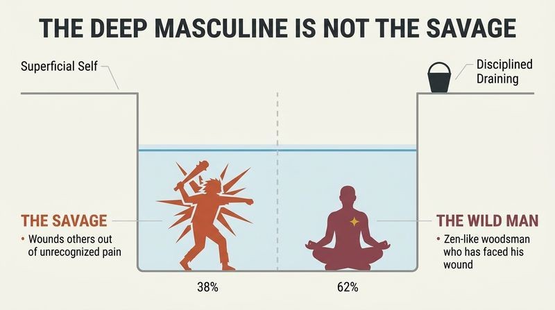 Cross-section diagram of a deep pond being drained, contrasting the reactive Savage with the reflective Wild Man at the bottom of the psyche.