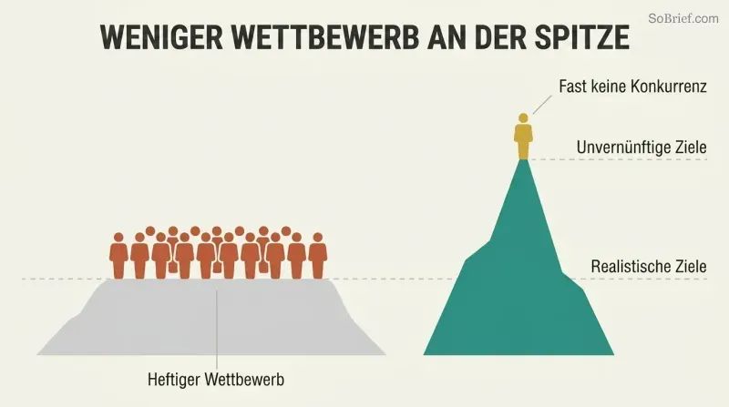 Low crowded plateau labeled as realistic goals contrasted with a tall empty peak where a single figure stands, showing less competition for ambitious targets.