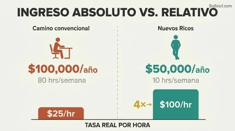 Split panel comparing two earners where the lower-salaried person with fewer work hours has four times the hourly rate and freedom.
