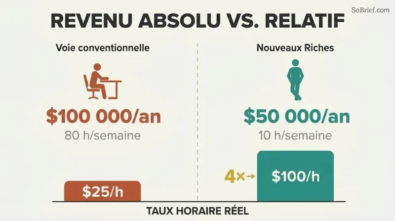 Split panel comparing two earners where the lower-salaried person with fewer work hours has four times the hourly rate and freedom.