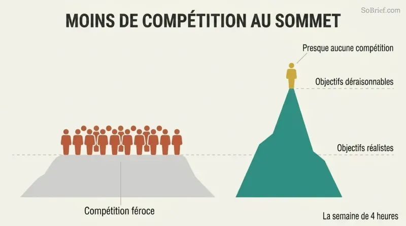 Low crowded plateau labeled as realistic goals contrasted with a tall empty peak where a single figure stands, showing less competition for ambitious targets.